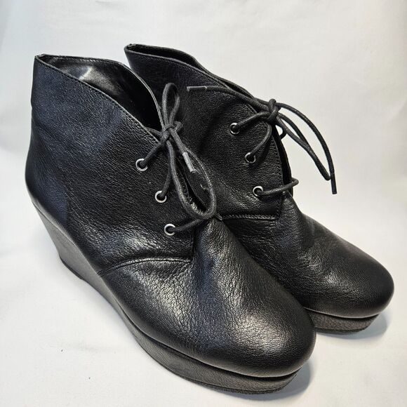 BCBGeneration Womens Kenan Leather Ankle Boot Size 8 Black Chunky Platform Wedge - Picture 1 of 13